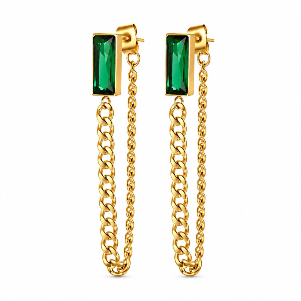 Emerald Chain Drop zlati viseči uhani z zelenim cirkonom Šik nakit