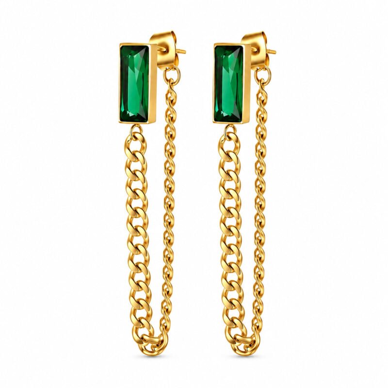 Emerald Chain Drop zlati viseči uhani z zelenim cirkonom Šik nakit