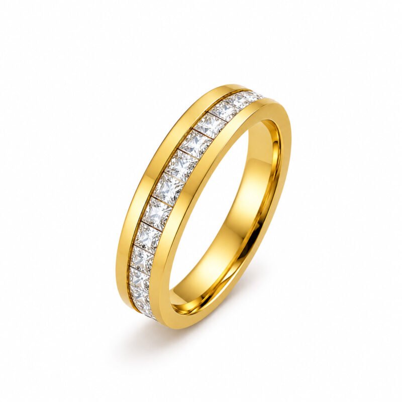 Crystal Line Gold zlati tanek prstan z enojnim nizom cirkonov Šik nakit