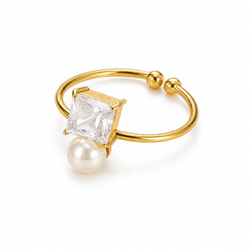 Pearl Prism Gold zlati prilagodljiv prstan z biserom in cirkonom Šik nakit
