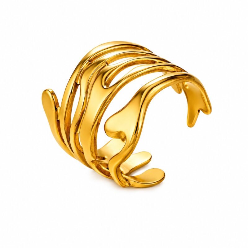 Sculpted Flow Gold zlati statement prstan z organsko odprto obliko Šik nakit