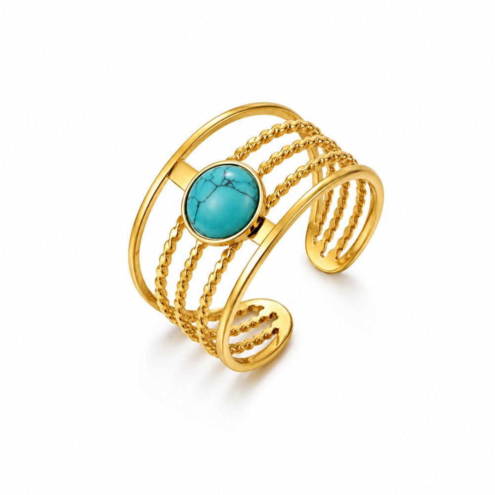 sik-nakit-zlati-prstan-turquoise-orbit-gold-bela-produktna Turquoise Orbit Gold zlati prilagodljiv prstan s turkiznim poudarkom Šik nakit