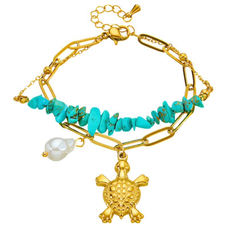 Aegean Turtle Charms – zlata zapestnica z želvico, biserom in turkiznimi detajli