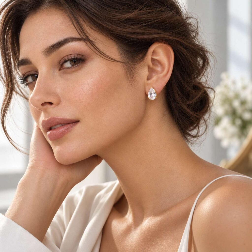 Crystal Spark zlati vtični uhani s kapljičastim cirkonom na modelu – editorial portret
