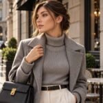 Twin Star zlati vtični uhani z zvezdicama v elegantnem city chic stylingu s sivim plaščem